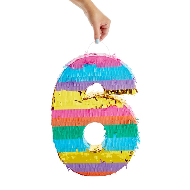 BLUE PANDA Rainbow Number 6 Pinata - Sturdy Corrugated Build & Easy Hang for Fiesta Party - Candy Filled 6th Birthday Party Surprise - Vibrant Tie-Dye Items for Kids - Small (16.5x11x3 In), Blue/White - Image 4